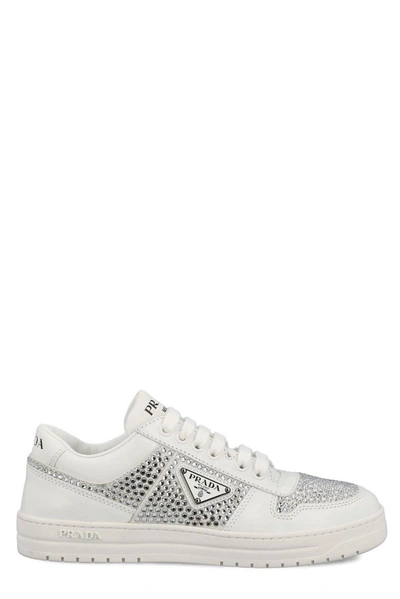 Shop Prada Embellished Lace-up Sneakers In Bianco