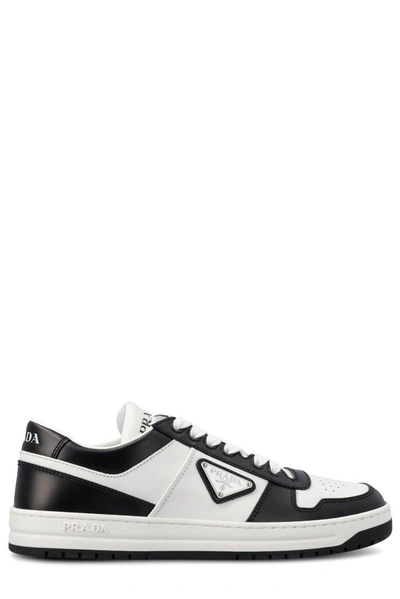 Shop Prada Downtown Perforated Sneakers In Bianco Nero