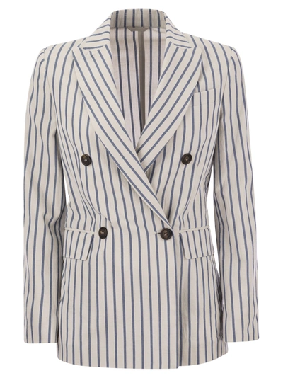 Shop Brunello Cucinelli Double-breasted Jacket In Cotton And Linen In Chalk/avium