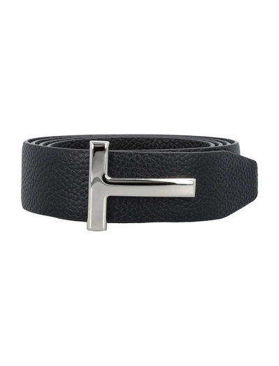 Shop Tom Ford T Grainy Leather Belt In Dark Navy Black