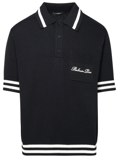 Shop Balmain Logo Signature Polo Shirt In Eer Noir Naturel