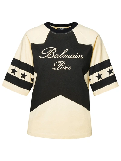 Shop Balmain Stars Beige Cotton T-shirt In Got Creme Noir