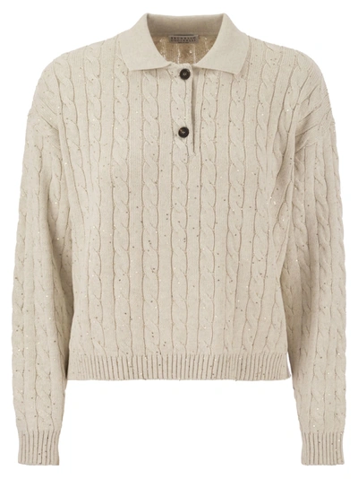 Shop Brunello Cucinelli Dazzling Cables Cotton Polo-style Shirt In Oat