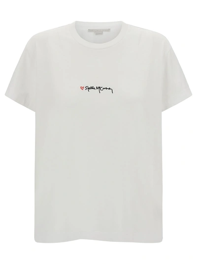 Shop Stella Mccartney White Crewneck T-shirt With Embroidered Logo At The Front In Cotton Woman In Pure White