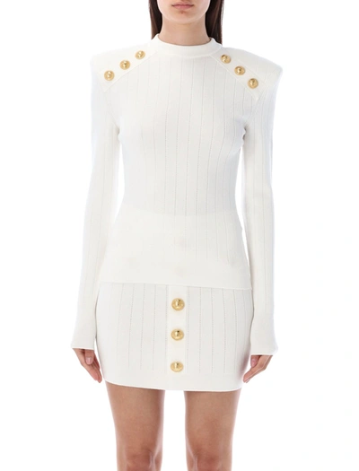 Shop Balmain Knit Sweater With Gold-tone Buttons In White