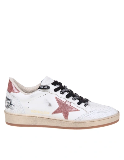 Shop Golden Goose Ballstar White Leather Sneakers With Glitter Star