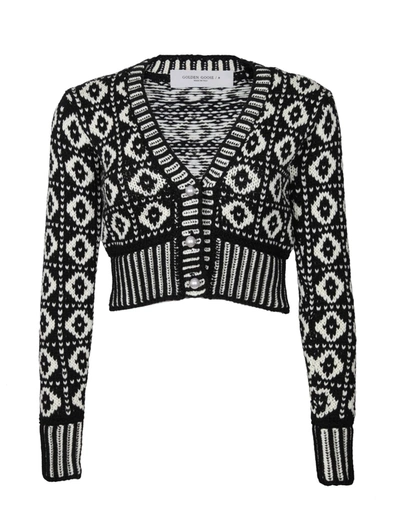 Shop Golden Goose Wool Cardigan With Geometric Pattern In White