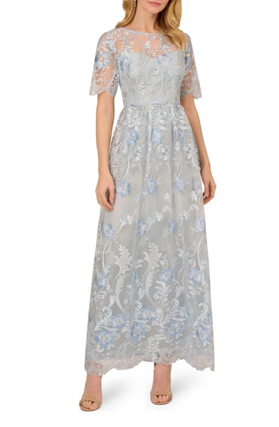 Shop Adrianna Papell Floral Embroidered Short Sleeve A-line Gown In Light Blue Multi