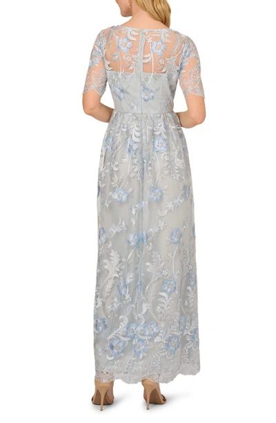Adrianna Papell Floral Embroidered Short Sleeve A-line Gown In Light Blue Multi