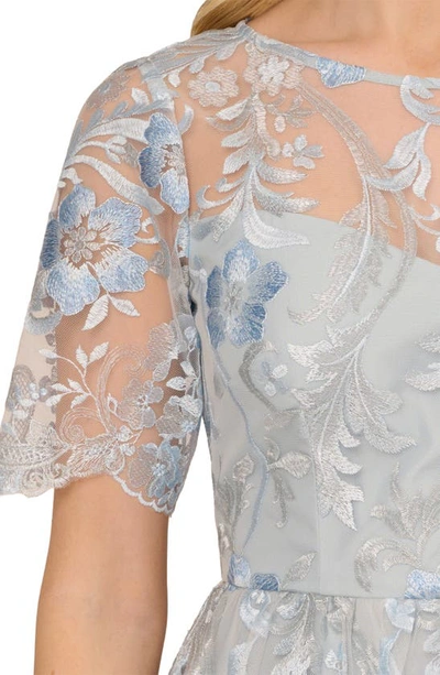 Adrianna Papell Floral Embroidered Short Sleeve A-line Gown In Light Blue Multi