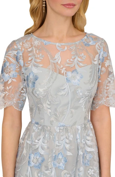 Adrianna Papell Floral Embroidered Short Sleeve A-line Gown In Light Blue Multi