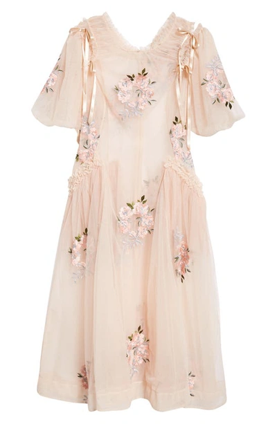 Shop Simone Rocha Puff Sleeve Ruched Bite Embroidered Tulle Midi Dress In Beige