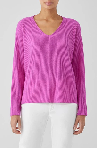 Shop Eileen Fisher V-neck Cashmere Rib Pullover Sweater In Tulip