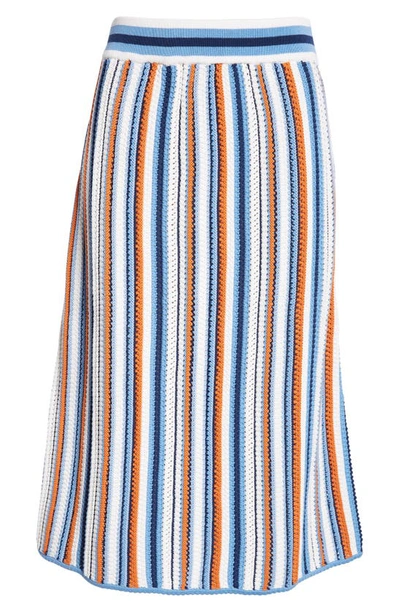 Akris Punto Crochet Knit Chair Striped Midi Skirt In Blue Multicolor