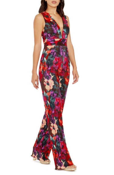 Shop Dress The Population Hunter Floral Print Plissé Sleeveless Jumpsuit In Rouge Multi