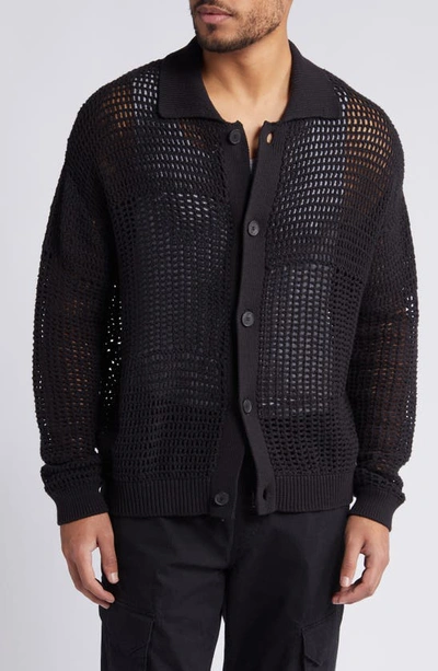 Frame Mixed Open Stitch Cotton Cardigan In Black