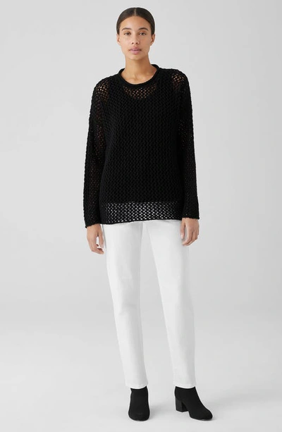 Shop Eileen Fisher Open Stitch Crewneck Organic Cotton Sweater In Black