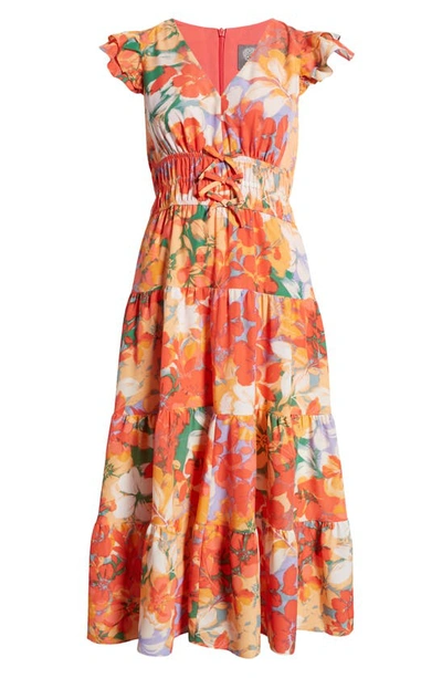 Shop Vince Camuto Floral Print Tiered Ruffle Sleeve Midi Dress In Orange Multi
