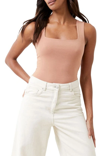 Shop French Connection Rallie Square Neck Stretch Cotton Bodysuit In 21-mocha Mousse