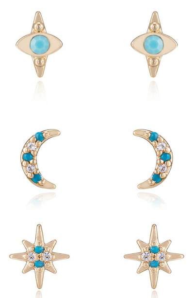 Shop Ettika Set Of 3 Celestial Stud Earrings In Turquoise