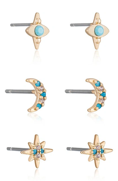 Shop Ettika Set Of 3 Celestial Stud Earrings In Turquoise