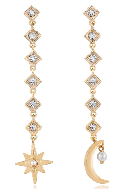 Shop Ettika Star & Moon Imitation Pearl Linear Drop Earrings In Gold