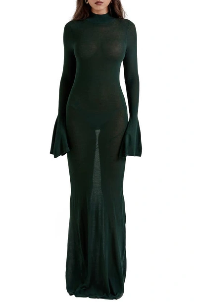 House Of Cb Sancha Open Back Long Sleeve Semisheer Body-con Maxi Dress In Emerald Green