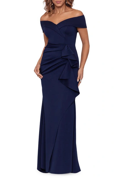 Shop Xscape Evenings Ruffle Off The Shoulder Scuba Gown In Midnight