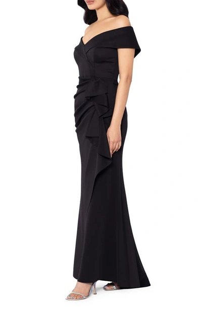 Xscape Off The Shoulder Ruffle Scuba Gown In Black