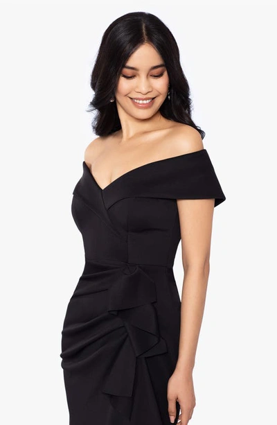 Xscape Off The Shoulder Ruffle Scuba Gown In Black