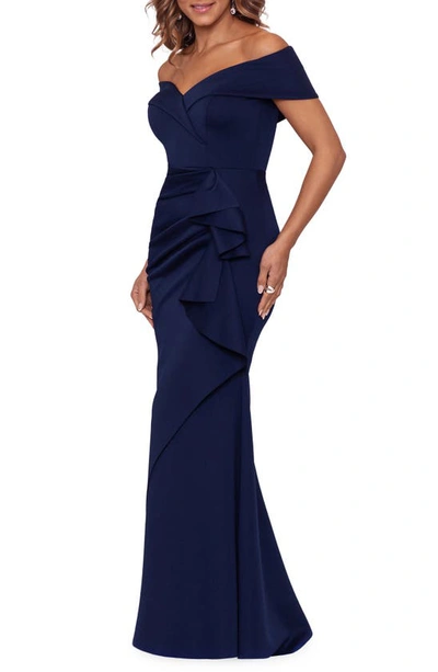Shop Xscape Evenings Ruffle Off The Shoulder Scuba Gown In Midnight
