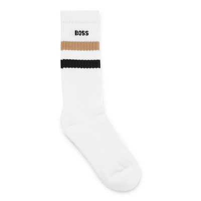 Shop Hugo Boss Quarter-length Cotton-blend Socks With Signature Stripe In White