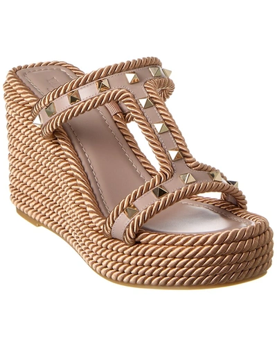 Shop Valentino Rockstud 90 Leather & Rope Wedge Sandal In Pink
