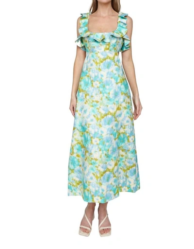 Shop Zimmermann High Tide Frilled Midi Dress In Aqua Ikat Floral In Multi