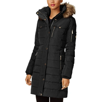 Shop Michael Kors Faux Fur Trim Removable Hood Down Puffer Coat In Black