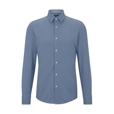 Shop Hugo Boss Slim-fit Shirt In Patterned Italian Performance-stretch Fabric In Blue