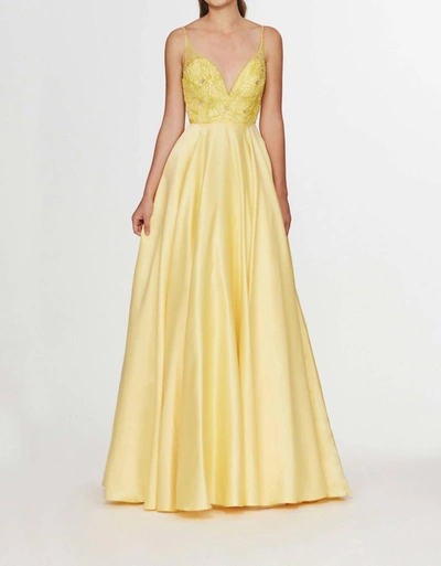 Shop Angela & Alison Sleeveless Low Scoop Back Beaded Satin Gown In Yellow