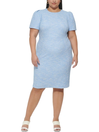 Shop Calvin Klein Plus Womens Tweed Midi Sheath Dress In Blue