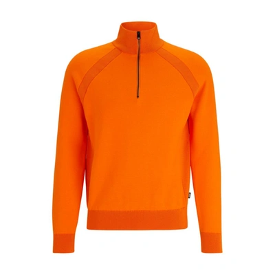 Shop Hugo Boss Cotton Zip-neck Sweater With Color-blocking In Orange