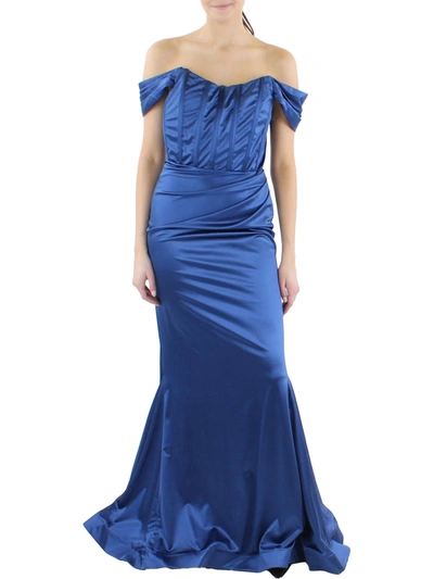 Shop Dear Moon Juniors Womens Satin Off-the-shoulder Evening Dress In Blue