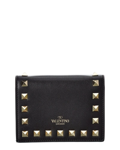 Shop Valentino Rockstud Leather Card Holder In Black