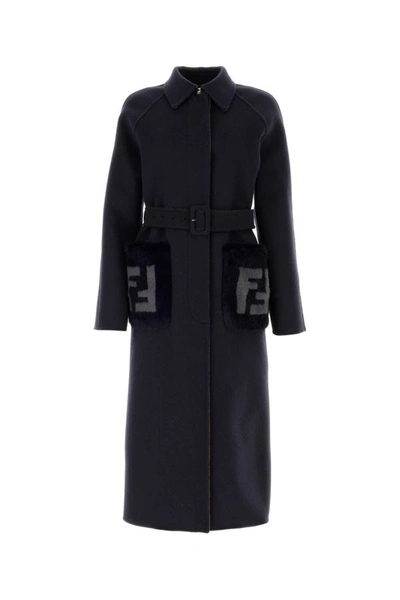 Shop Fendi Woman Dark Blue Wool Blend Coat