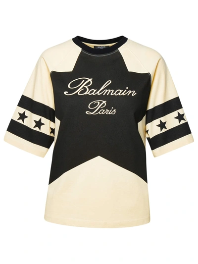 Shop Balmain Stars Beige Cotton T-shirt In Crema