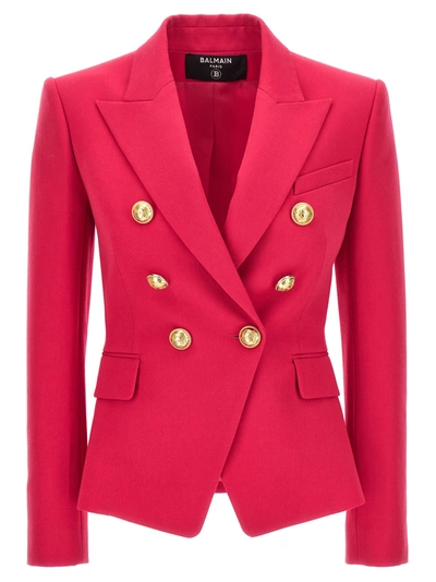 Shop Balmain Double-breasted Blazer With Logo Buttons In Fucsia