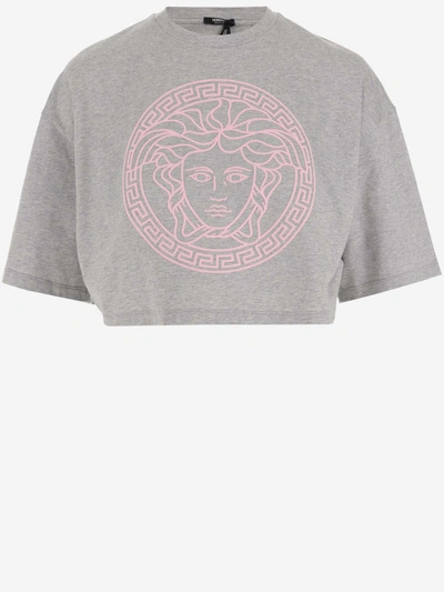 Shop Versace Cotton Crop T-shirt With Logo In Gray