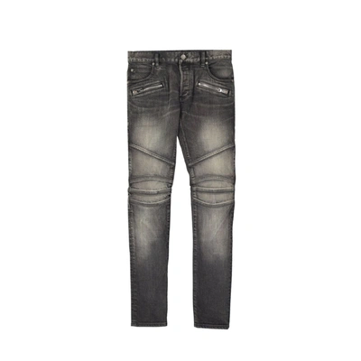 Shop Balmain Cotton Denim Jeans In Gray