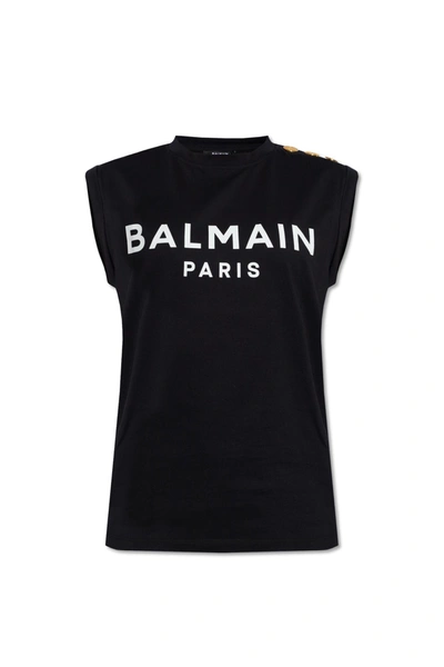 Shop Balmain Sleeveless T-shirt With Logo In Nero