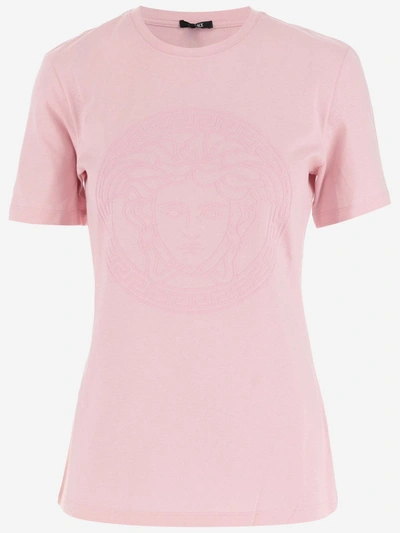 Shop Versace Cotton T-shirt With Logo In Pale Pink