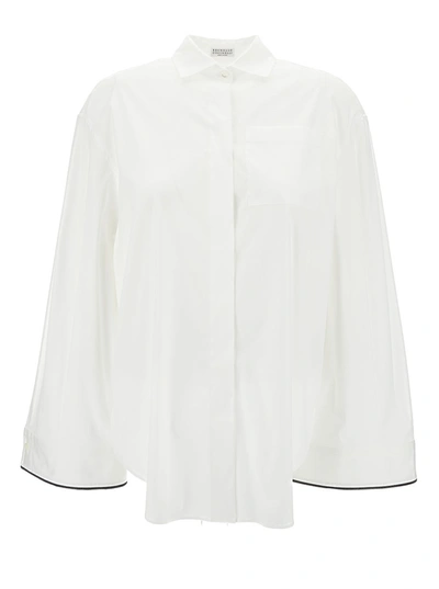 Shop Brunello Cucinelli Oversized White Shirt With Contrasting Hem In Cotton Blend Woman