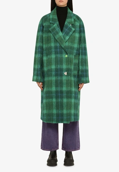 Shop Andersson Bell Checked Wool-blend Knee-length Coat In Green